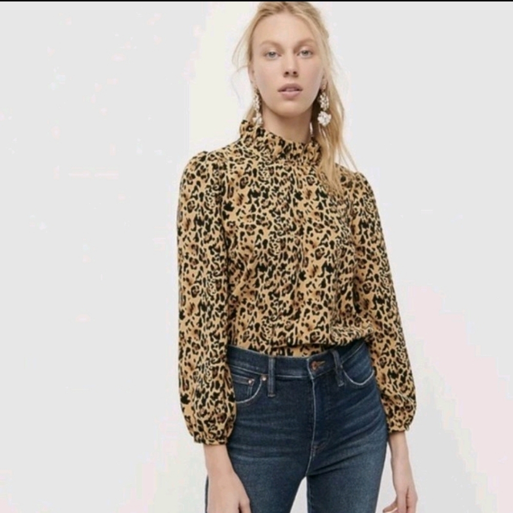 J. Crew Factory Cheetah Print Blouse Mock Neck Long Sleeve Sheer esthetic Small